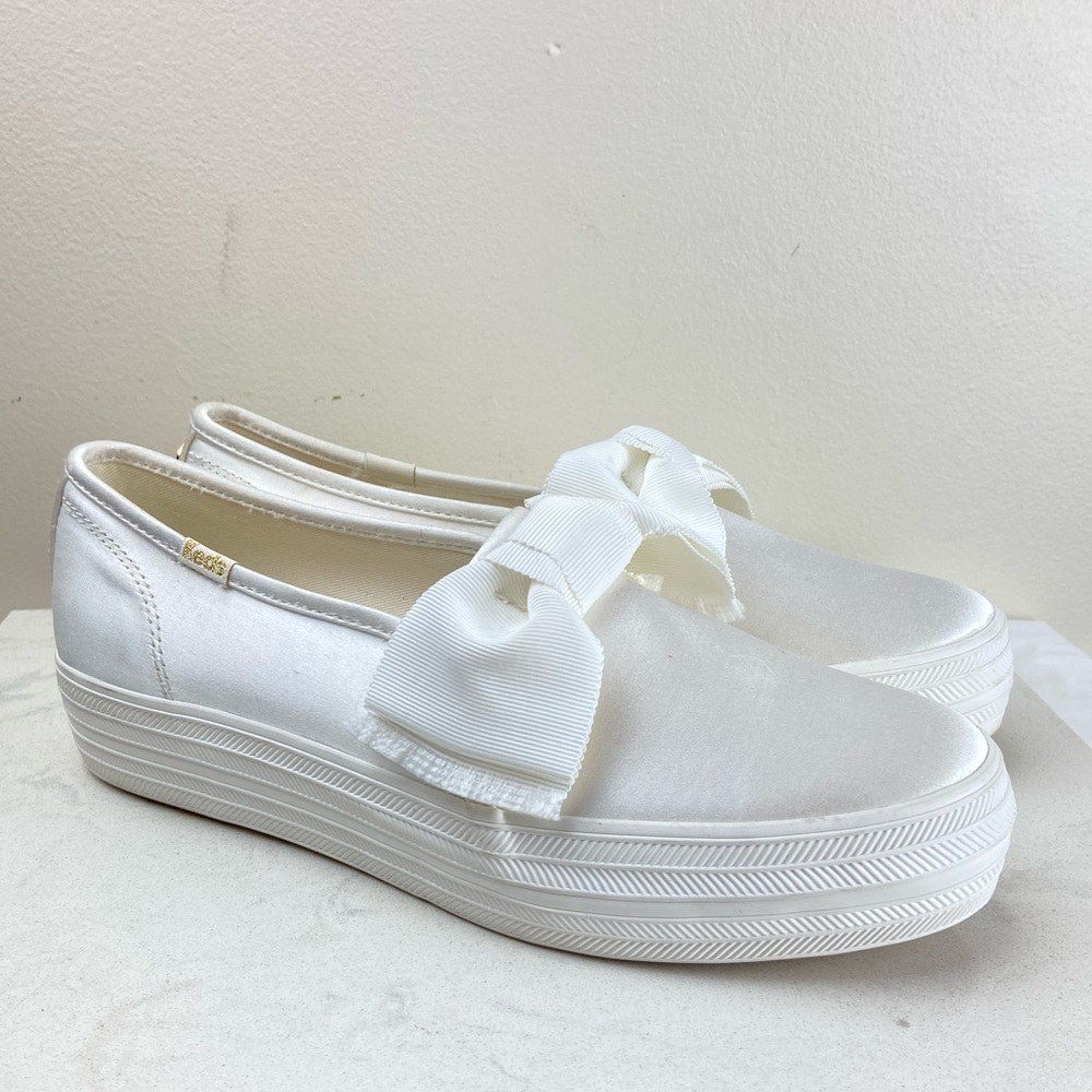 kate spade White Satin Bow Platform Sneakers